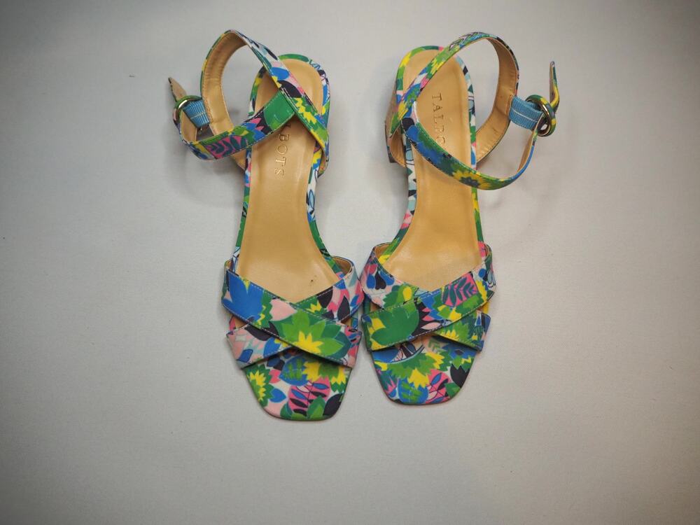 Talbots Floral Block Heel Sandals Womens 6.5M Ankle Strap Leather Sole Colorful